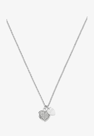 Collier chaîne en argent avec deux pendentifs cœur, l’un orné de cristaux transparents et l’autre gravé avec "BFF.".