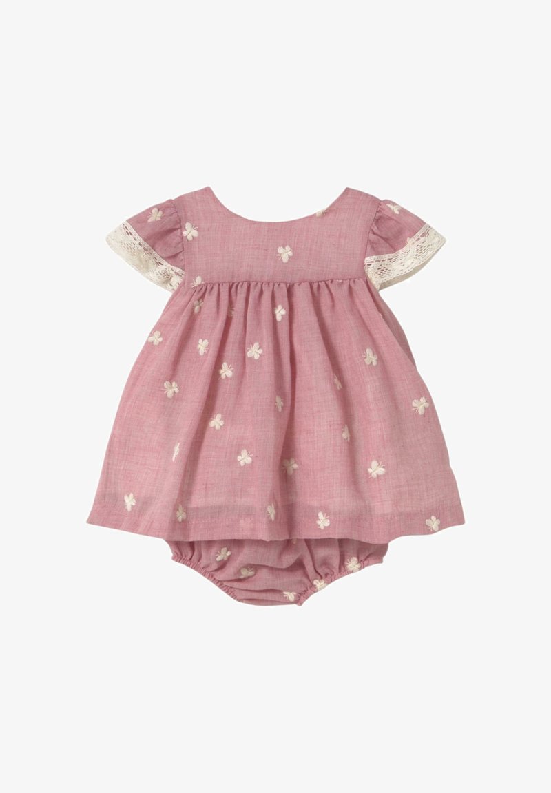 Vestido de lino rosa con mangas cortas abullonadas, bordado floral blanco y acentos de encaje. Incluye una parte inferior de volantes con bragas integradas.