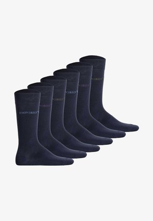 Calzini di cotone blu navy, sei paia, design sopra il ginocchio. Ogni calzino presenta il logo "EMPORIO" in colori diversi sul bordo. Texture liscia, punte rinforzate.