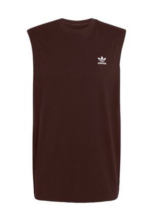 Smeđa pamučna majica bez rukava s okruglim izrezom i bijelim Adidas logotipom na lijevoj strani prsnog područja.