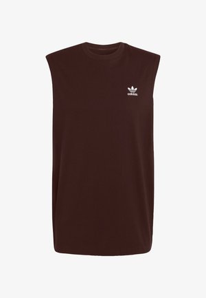 T-shirt sans manches en coton marron avec un col rond et un logo Adidas blanc sur le côté gauche de la poitrine.