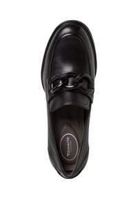 Mocassin en cuir noir à enfiler avec un détail de chaîne épaisse sur le dessus et une semelle intérieure coussinée portant la mention « Tamaris Comfort » en taille 37.