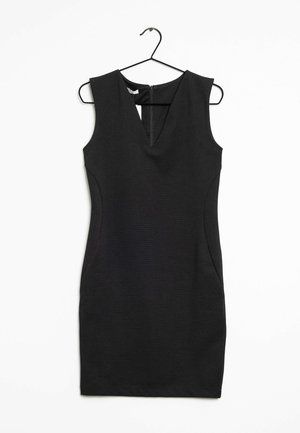 Schwarzes ärmelloses Kleid mit tiefem V-Ausschnitt, tailliertem Schnitt und unsichtbarem Reißverschluss hinten; aus glattem, dehnbarem Stoff hergestellt.