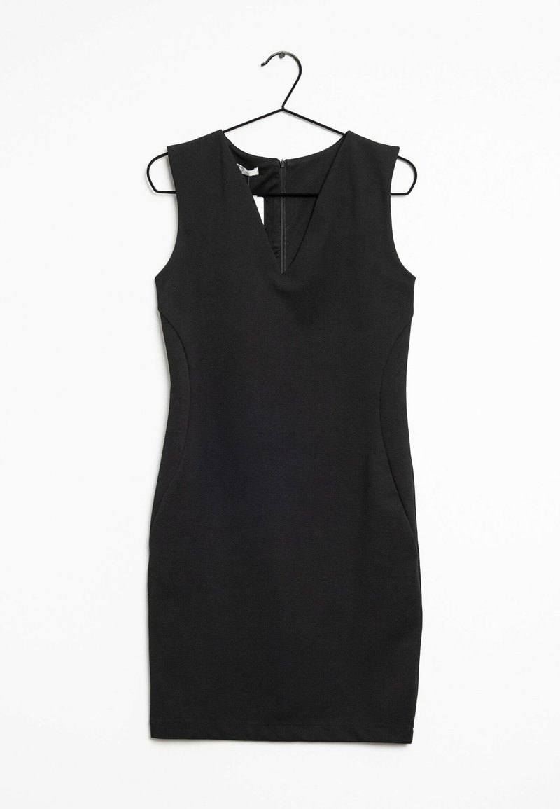 Schwarzes ärmelloses Kleid mit tiefem V-Ausschnitt, tailliertem Schnitt und unsichtbarem Reißverschluss hinten; aus glattem, dehnbarem Stoff hergestellt.
