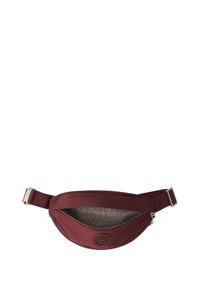 Marsupio in tessuto bordeaux con forma arrotondata, con accessori in argento e logo. Comparto con zip e fodera interna a fantasia. Cintura regolabile.