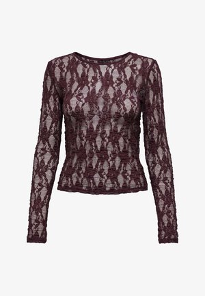Top de encaje burdeos de manga larga con patrones florales, diseño ajustado y escote redondo. Tejido texturizado y bordes ondulados.