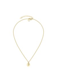 Collier en chaîne dorée avec un pendentif ovale présentant un design complexe. Longueur ajustable avec un fermoir et une chaîne d'extension.