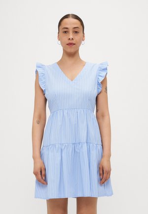Light blue dress with vertical white stripes. Features ruffled sleeves, a V-neckline, and a tiered skirt. Made from a soft, breathable fabric.
