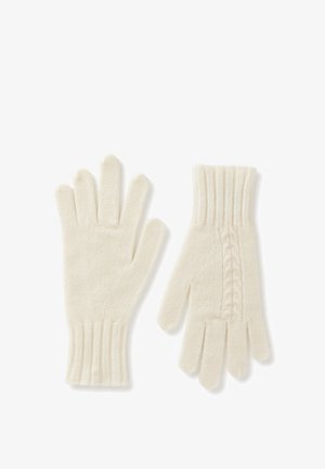 Gants tricotés blancs avec un poignet à côtes et un détail en tricot torsadé d'un côté. Texture douce, conçus pour la chaleur et le confort.