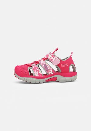 Pink sandal with floral patterns, open design, adjustable straps, cushioned sole, and grey accents. Lightweight and flexible construction.