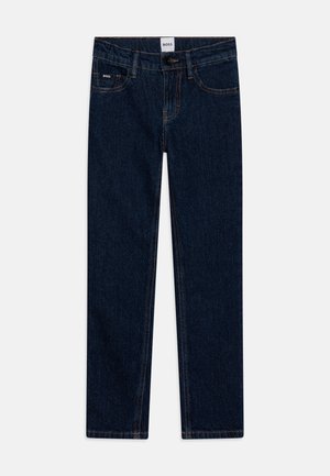 Mørkeblå denimjeans med rett ben-design, som har kontrastsøm, frontknappelukking og fem-lommers stil.