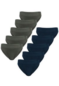 Neun Paare Herrenunterhosen in Dunkelgrün und Marineblau, mit glatter Textur und elastischem Bund mit "normani"-Branding.