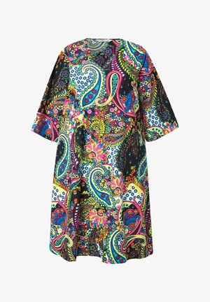 Un vestido colorido con estampado de paisley, de mangas cortas y escote en V, que presenta múltiples diseños florales en tonos brillantes sobre un fondo negro.