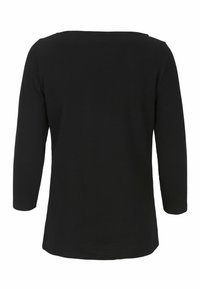 Schwarzes Langarmoberteil mit gerippter Textur, Bateau-Ausschnitt und lässiger Passform. Die Rückseite ist schlicht und hat keine zusätzlichen Akzente.