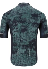 Maillot de cyclisme à manches courtes avec motif abstrait vert et noir, trois poches arrière et détails réfléchissants sur les manches et les poches arrière.