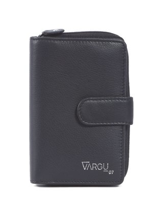 Black leather wallet with a zip closure, snap button, and embossed logo, featuring a smooth texture and compact rectangular design.