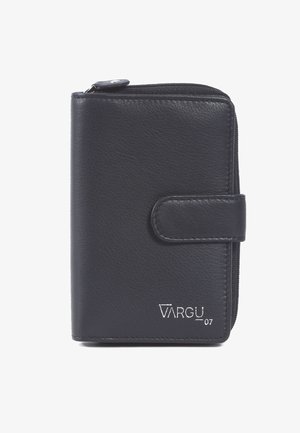 Black leather wallet with a zip closure, snap button, and embossed logo, featuring a smooth texture and compact rectangular design.
