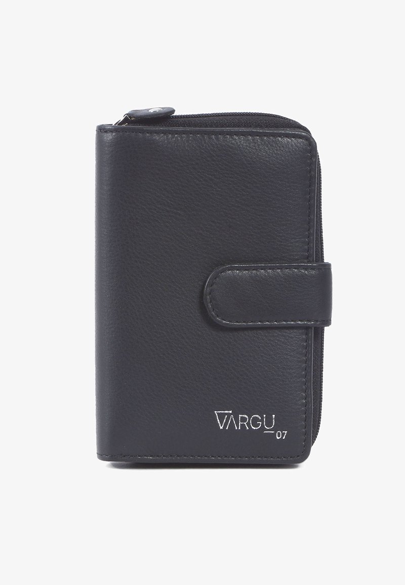 Zwarte leren portemonnee met een ritssluiting, drukknoop en een geprint logo, met een gladde textuur en een compacte rechthoekige ontwerpen.