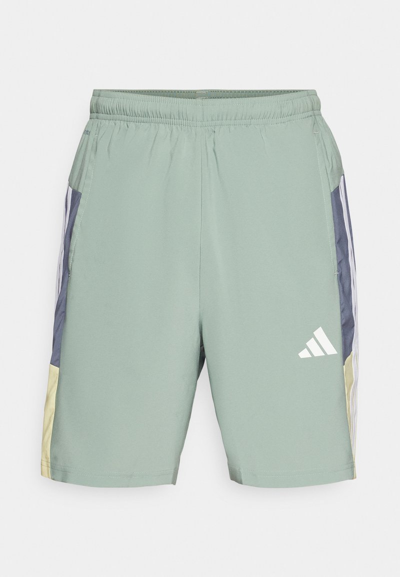 Shorts deportivos verde claro con cinturilla elástica, franjas laterales en azul marino y beige, y un logo blanco en la pierna izquierda.