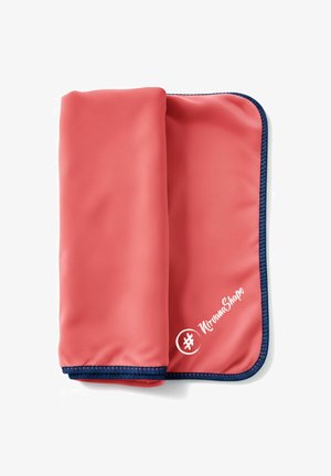 Coral-colored exercise towel made of smooth fabric, featuring blue edges and white logo text. Folded and displayed flat.
