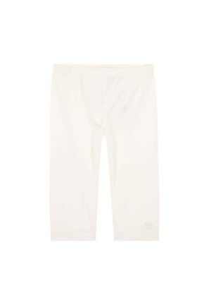 Weiße Leggings mit elastischem Bund in Kniehöhe und einem kleinen eingeprägten Logo nahe dem unteren Saum am linken Bein.