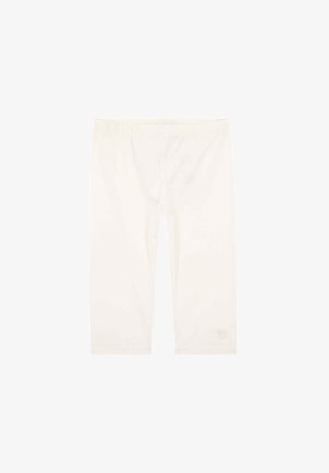 Leggings blancos hasta la rodilla con cintura elástica y un pequeño logo en relieve cerca del dobladillo inferior en la pierna izquierda.