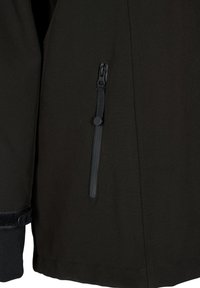 Black soft-shell jacket with a sleek design, featuring a side zip pocket and smooth texture. Includes contrasting fabric accents at the cuff.