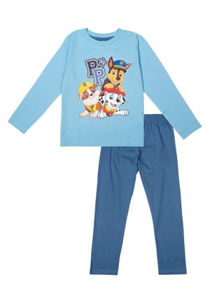 Set di pigiama per bambini con una maglietta a maniche lunghe di un azzurro chiaro decorata con cani cartoni animati e pantaloni blu scuro con elastico in vita.