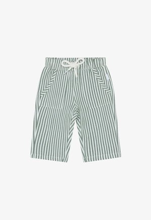 Paski zielono-białe spodenki z elastycznym pasem, regulowanym sznurkiem i dwoma bocznymi kieszeniami. Miękka struktura tkaniny.