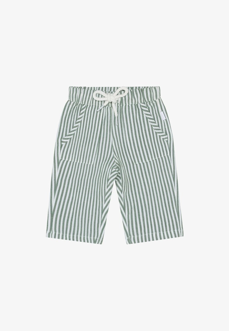 Shorts rayés verts et blancs avec une ceinture élastique, un cordon de serrage ajustable et deux poches latérales. Texture de tissu douce.