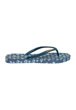 Mørkeblå flip-flop med lyseblå blomsterprint på sål og rem, med "Superdry" logo i orange på remmen.