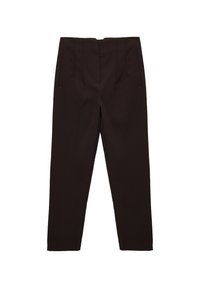 Brązowe spodnie o dopasowanym kroju z wysokim stanem, prostymi nogawkami i dwoma przednimi kieszeniami. Gładki materiał o eleganckim wykończeniu.