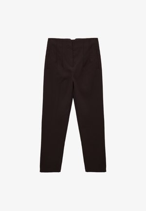 Pantalons tailleur marron avec une taille haute, jambes droites et deux poches avant. Tissu lisse avec une finition soignée.
