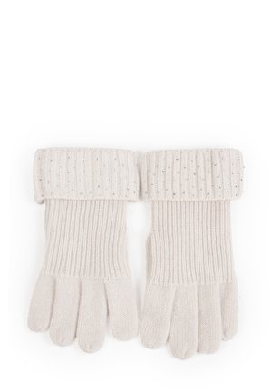 Dzianinowe rękawiczki w jasnym beżu z prążkowanym mankietem, z małymi metalicznymi akcentami dla dodatkowego wykończenia. Miękka tekstura o klasycznym kształcie.