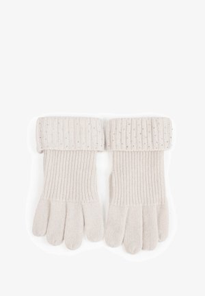 Dzianinowe rękawiczki w jasnym beżu z prążkowanym mankietem, z małymi metalicznymi akcentami dla dodatkowego wykończenia. Miękka tekstura o klasycznym kształcie.