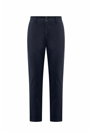 Marineblauwe chinos van een katoenmix, met een recht gesneden pijp, voorzakken, een ritssluiting en een enkele knoopsluiting.