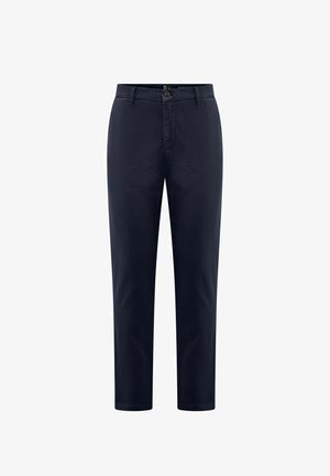 Chino blu navy realizzati in misto cotone, con design a gamba dritta, tasche frontali, zip e chiusura con un solo bottone.