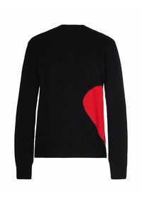 Maglione nero con collo rotondo, caratterizzato da una grande forma astratta rossa sul retro. Realizzato in morbido materiale a maglia, con maniche lunghe e orlo a coste.
