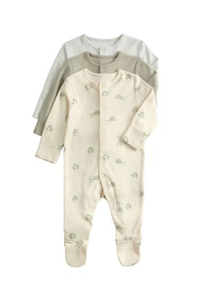 Drie gevouwen babyrompertjes met lange mouwen en voetjes, in crème met kikkerprints, effen olijfgroen en lichtgrijs, opgestapeld gerangschikt.