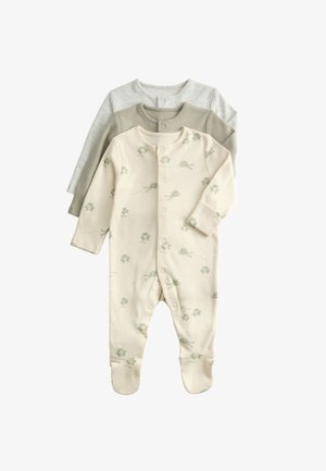 Trois bodies bébé à manches longues avec pieds, pliés, en crème avec des motifs de grenouilles, uni olive, et gris clair, empilés.