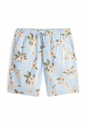 Costume da bagno floreali in tessuto blu chiaro con fiori bianchi e arancioni e foglie verdi, dotati di vita elastica e cordoncino.