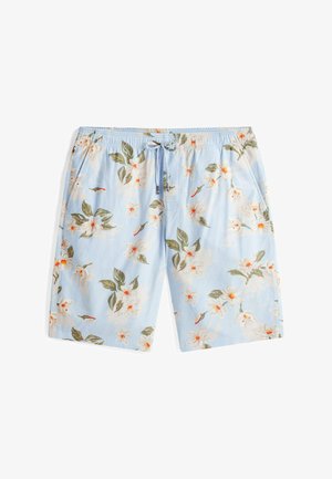 Blumige Badeshorts aus leichtem blauen Stoff mit weißen und orangefarbenen Blumen sowie grünen Blättern, mit elastischem Taillenbund und Kordelzug.
