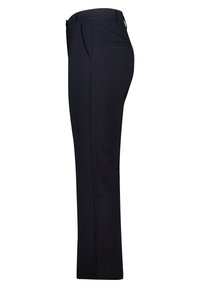 Zwarte, op maat gemaakte broek met een rechte pijp, gemaakt van een gladde stof, voorzien van een voorzak en subtiele kreukdetails.