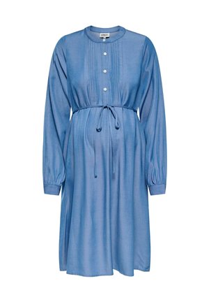 Light blue dress made from soft fabric, featuring a round neckline, button placket, pleated detailing, long sleeves, and a waist tie.