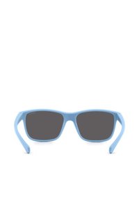Occhiali da sole in plastica azzurra con lenti grigie, forma quadrata e bracci robusti. Il design è semplice, senza pattern o dettagli visibili.
