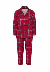 Röd rutiga pyjamasuppsättning i mjukt tyg. Innehåller en långärmad button-up skjorta med bröstficka och matchande byxor med elastisk midja.