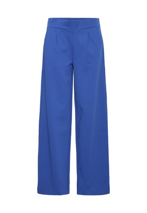 Blaue weit geschnittene Hose mit elastischem Bund und seitlichen Taschen, entworfen für eine lockere Passform.