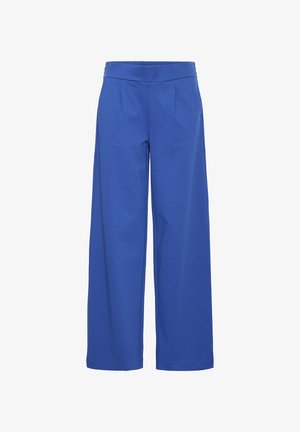 Blue wide-leg pants with an elastic waistband and side pockets, designed for a relaxed fit.