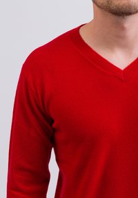 Maglione a V rosso realizzato in un morbido tessuto testurizzato, con maniche lunghe e design aderente, che mostra un colore vivace e uniforme.