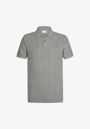 Grijs poloshirt gemaakt van gestructureerde stof, met een kraag, een drieknoopsluiting en korte mouwen.
